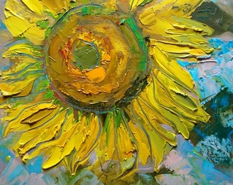 Sunflower painting, original oil painting on  canvas, colorful impasto art