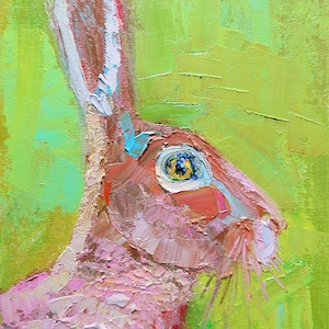May include: A close-up painting of a rabbit's face with a pink and brown fur, a large blue eye, and a long white ear. The background is a bright green.