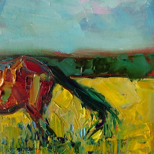 Original horse painting, palette knife oil painting, Horse grazing, Countryside painting image 3