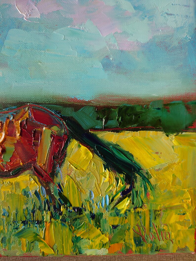 Original horse painting, palette knife oil painting, Horse grazing, Countryside painting image 3