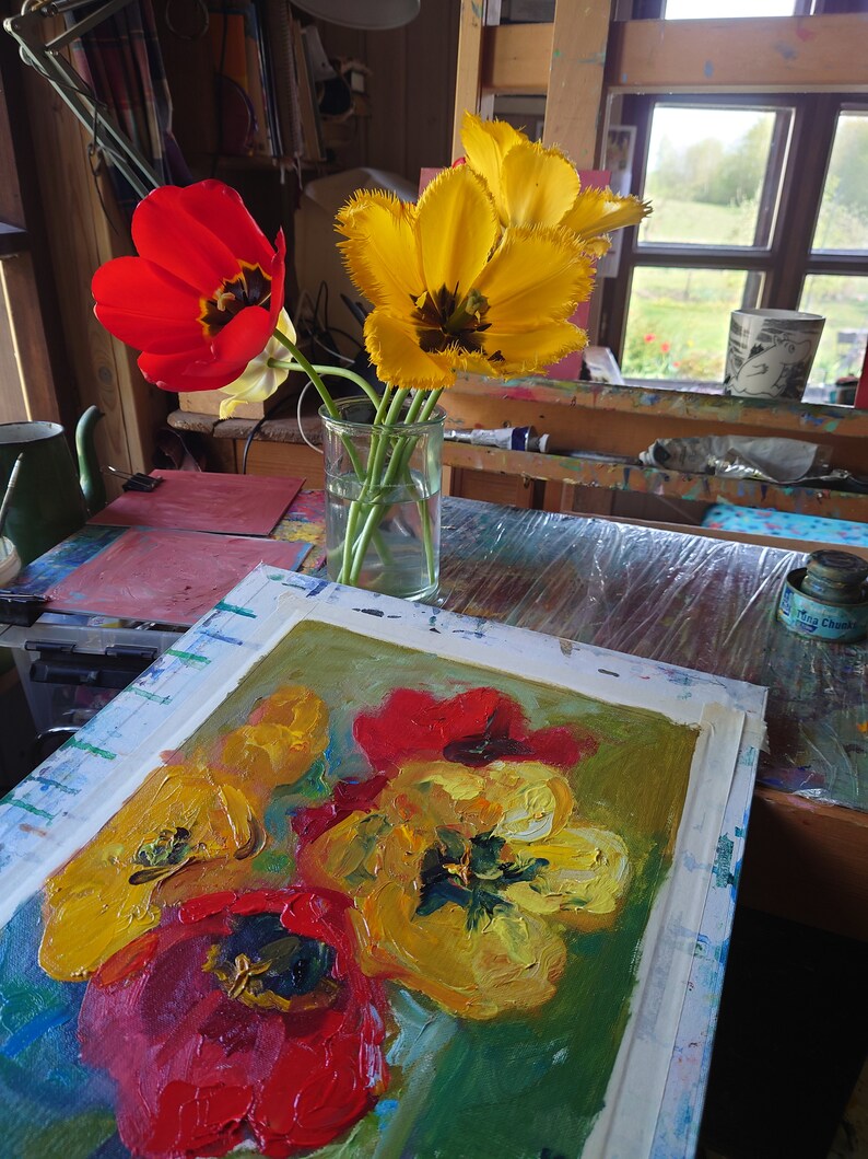 Yellow Red Tulip Painting, Original Oil Artwork Still Life With Tulips ...