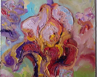 Impasto Iris Oil Painting: Abstract Floral Wall Art on Cardboard