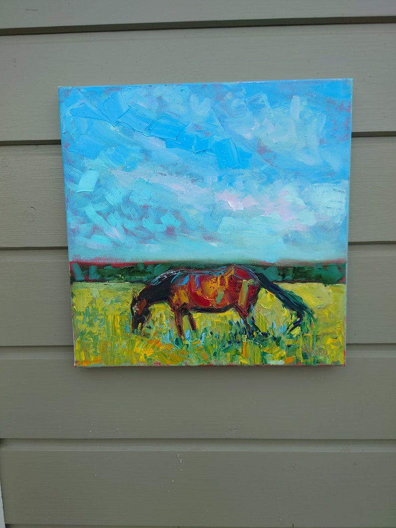 Original horse painting, palette knife oil painting, Horse grazing, Countryside painting image 7