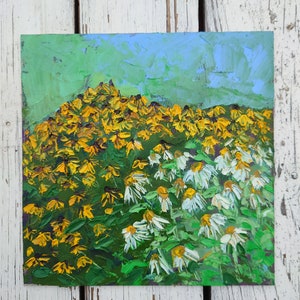 Pintura de pradera, pintura al óleo original, pintura de espátula, arte floral amarillo