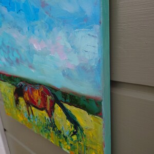 Original horse painting, palette knife oil painting, Horse grazing, Countryside painting image 6