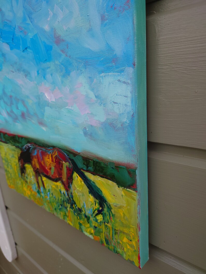 Original horse painting, palette knife oil painting, Horse grazing, Countryside painting image 6