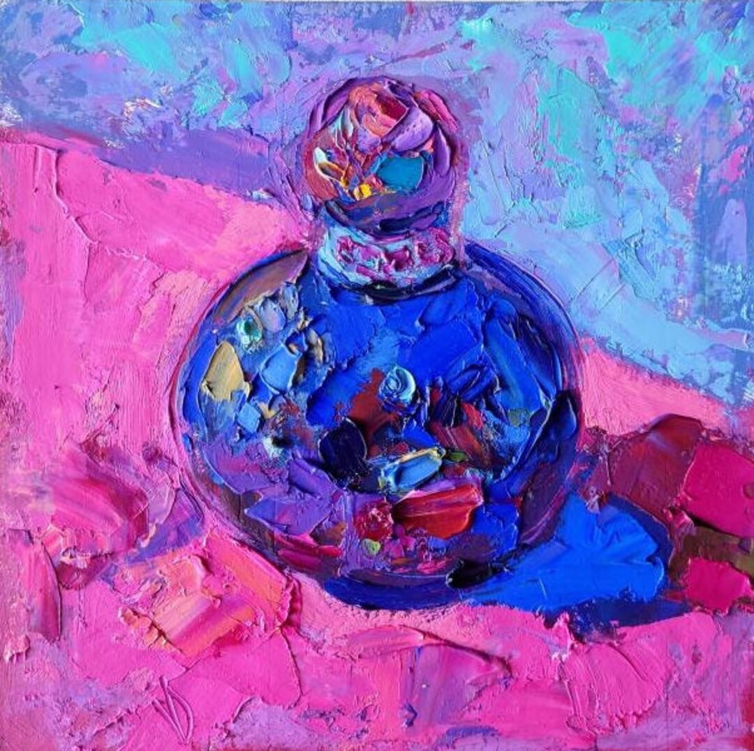 Perfume Bottle Painting, Original Oil Painting on Cardboard, Still Life