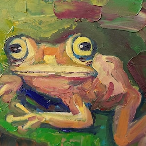 Pintura de rana, pintura al óleo original sobre cartón, regalo para amantes de los animales