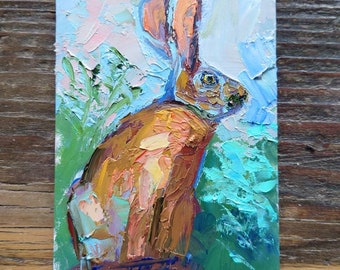 Retrato de conejo: pintura al óleo original, arte mural de liebre