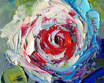 バラの油絵、パレットナイフによるオリジナル絵画、花の壁アート