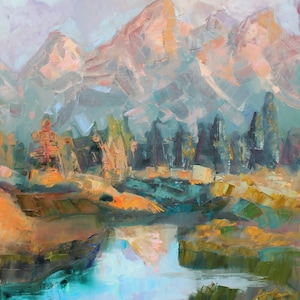 Mountains lake painting, Original Oil Painting on Canvas, Blue lake wall art