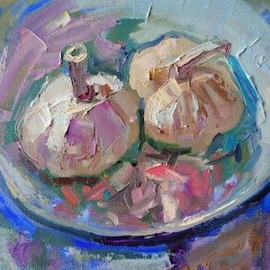 Garlic painting, original oil painting on canvas pad, still life painting