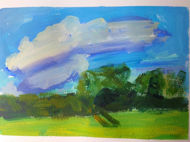 Summer landscape painting Original gouache painting on paper image 5