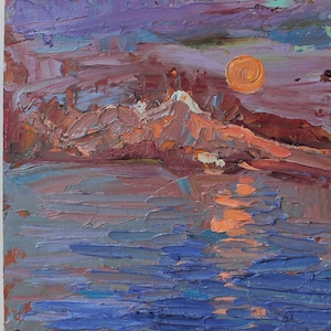 Pintura abstrata do pôr do sol, pintura a óleo original sobre papelão, pequena paisagem