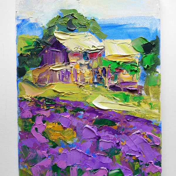Tuscany painting Lavender fields Original palette knife oil painting on canvas 12 by 8 inch