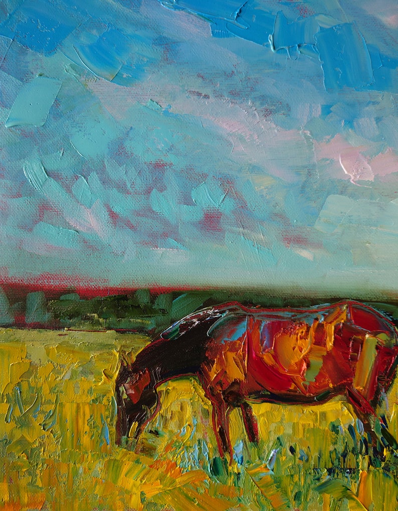 Original horse painting, palette knife oil painting, Horse grazing, Countryside painting image 5