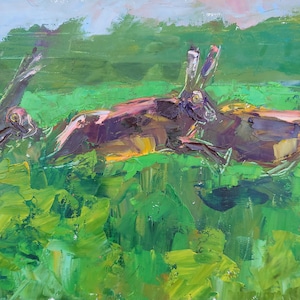 Running hares, original oil painting on stretched canvas