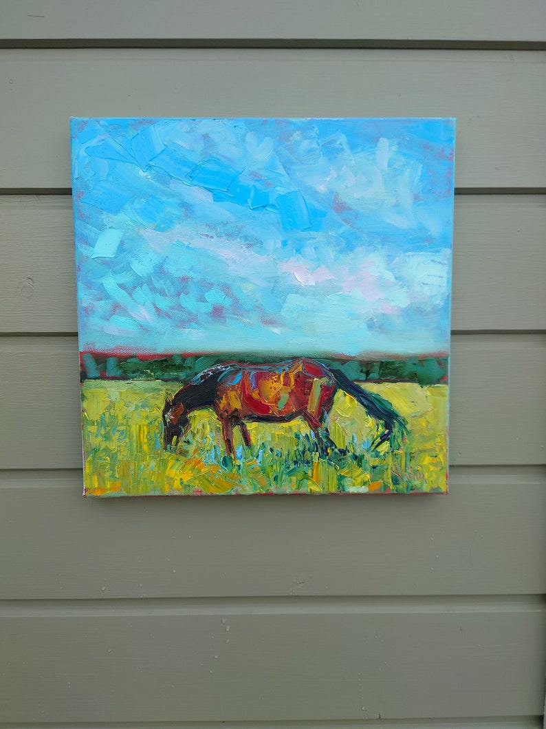 Original horse painting, palette knife oil painting, Horse grazing, Countryside painting image 9