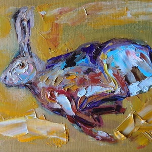 Peinture lièvre, lapin qui court, peinture à l&#39;huile originale au couteau sur toile, art mural animal sauvage