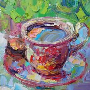 Toile de café, peinture à l&#39;huile originale, art au couteau, nature morte