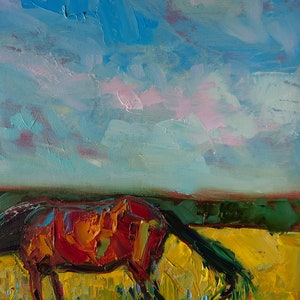 Original horse painting, palette knife oil painting, Horse grazing, Countryside painting image 4