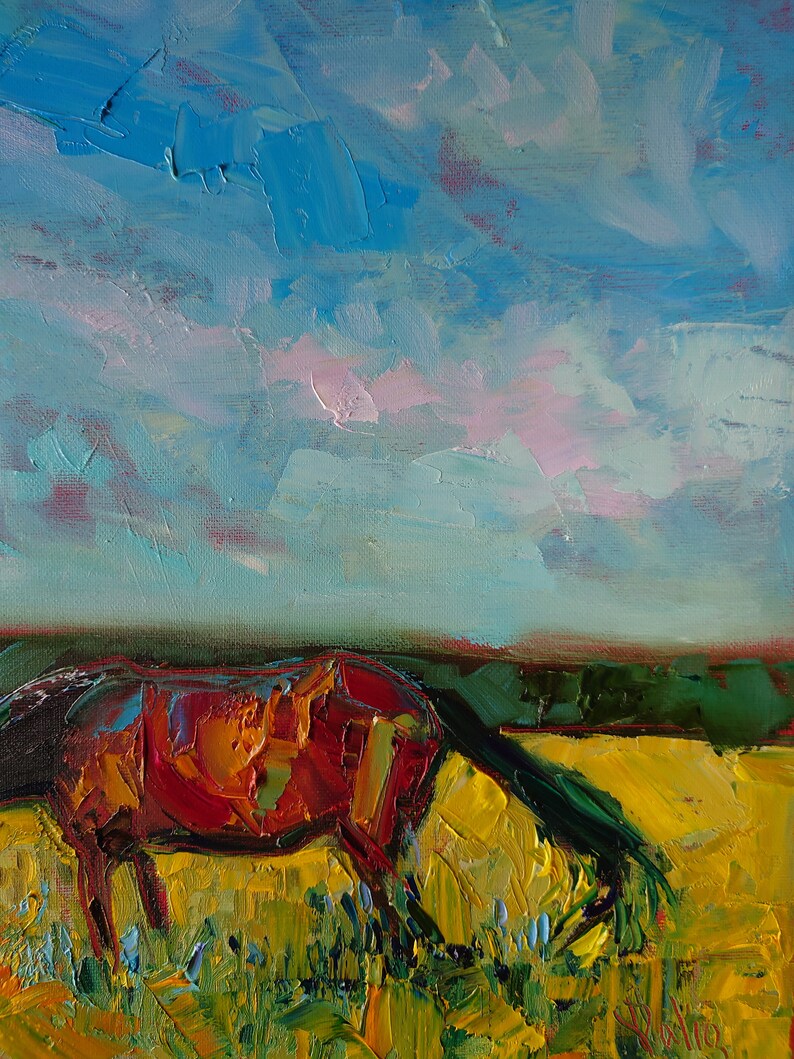 Original horse painting, palette knife oil painting, Horse grazing, Countryside painting image 4