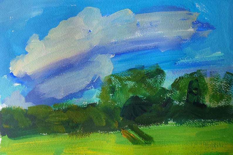 Summer landscape painting Original gouache painting on paper image 1