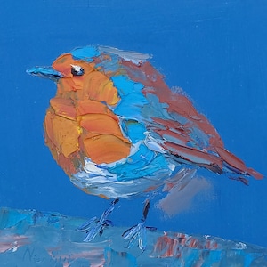 Pintura de pájaro petirrojo, pintura al óleo original, arte de pájaros pequeños