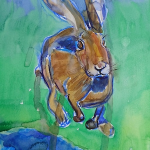 Running Hare Dipinto ad acquerello originale Lepre Arte murale Fauna selvatica Regalo