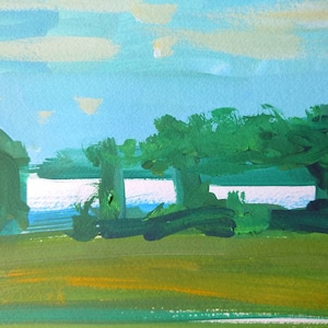 Origineel zomerriviergouacheschilderij op aquarelpapier