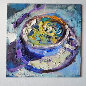 Arte de la taza de té, pintura al óleo original, pintura de comida pequeña 6x6