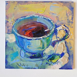 Pintura a la hora del té, pintura al óleo original con espátula sobre cartón, pequeñas obras de arte de bodegones 6x6