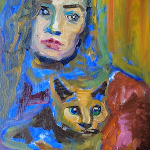Cat and Women Wall Art Original Oil Painting Women Portrait Painting Cat Owner Gift