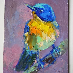 Pintura al óleo de pájaros coloridos Pintura original con cuchillo de paleta sobre cartón