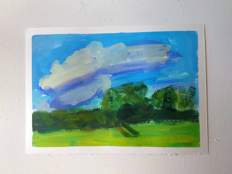 Summer landscape painting Original gouache painting on paper image 4