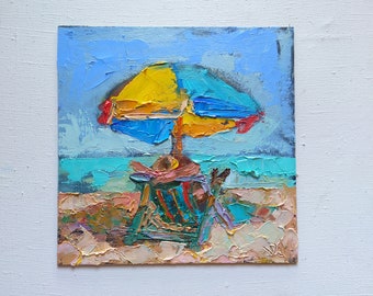 Beach umbrella painting, Original palette knife painting on cardboard, Seascape artwork