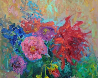 Pintura al óleo floral original sobre lienzo, arte mural de flores coloridas