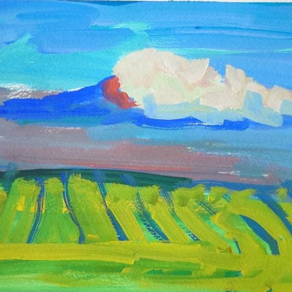 Petite peinture de paysage, Peinture originale à la gouache sur papier