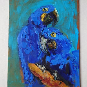 Palette Knife Parrots Oil Painting: Textured Wildlife Art (9x7 inch)