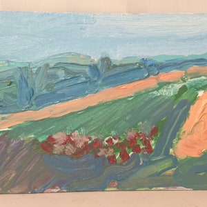 Abstrakte Felder, Original Ölgemälde, Kleine Landschaft auf Karton
