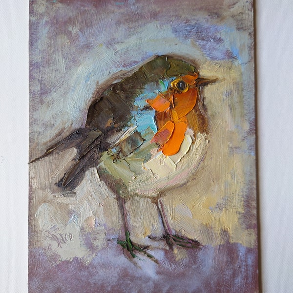 Robin, peinture de petit oiseau, peinture à l'huile de couteau à palette originale, oeuvre texturée 6 par 8