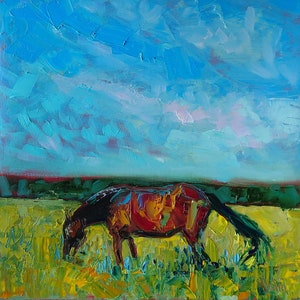 Horse grazing-original horse painting-palette knife oil painting on stretched canvas
