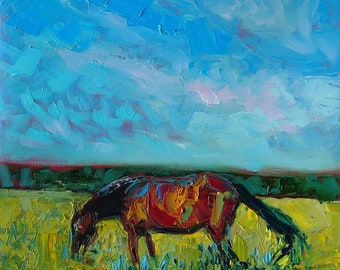 Original horse painting, palette knife oil painting, Horse grazing, Countryside painting