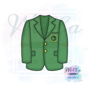 May include: A green blazer cookie cutter with a gold emblem on the chest. The blazer has two pockets, three gold buttons, and a notched lapel. The emblem features a golf course outline.