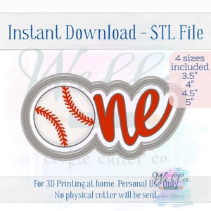 Digital STL File - Baseball One Cursive Cookie Cutter - 4 Sizes Included 3.5", 4", 4.5" & 5"