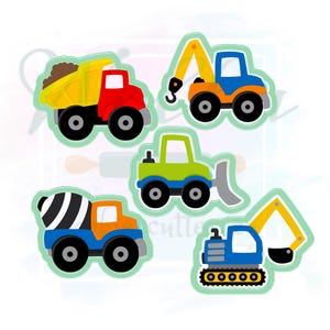 May include: Five colorful toy construction vehicles, including a dump truck, a crane, a bulldozer, a cement mixer, and an excavator. The vehicles are all cartoon-style and have wheels.