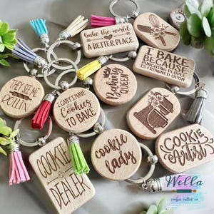 Laser Engraved Wood Cookie Themed Keychain with Tassel, Baking Themed Gift, Cookie Decorating Keychain