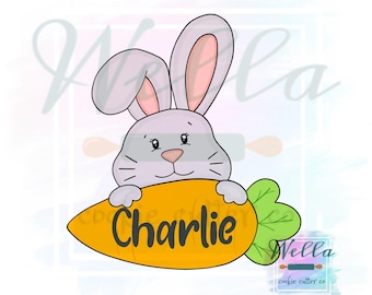 Bunny Holding Carrot Name Plaque Cookie Cutter with Optional Stencil Guide