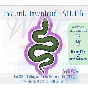 Digital STL File - Snake Cookie Cutter - 4 Sizes Included, 3.5" 4" 4.5" and 5" + BONUS Snake 4.5" with cut-outs