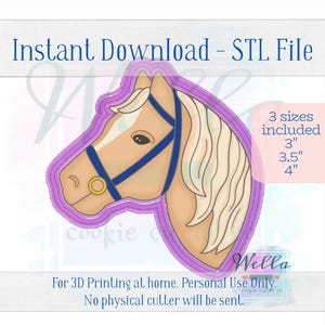 デジタル STL ファイル - 馬の頭のクッキーカッター - 3 インチ、3.5 インチ、4 インチの 3 サイズが含まれています